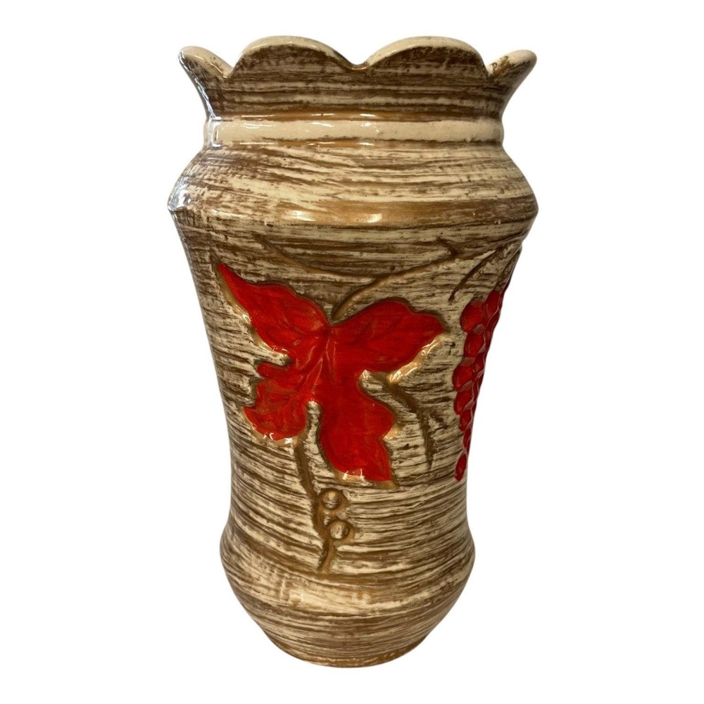 Vintage California Pottery Brown Textured Vase Red Grape & Leaf Motif Scalloped